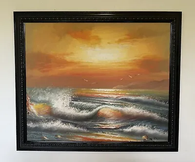 Waves On Rocks Beach Sunset Sky Oil Painting 58cm X 67cm • $165