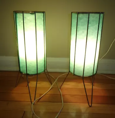 Atomic MCM Metal Tripod Fiberglass Turquoise Cylinder Shades Accent Lamps Pair • $89.99