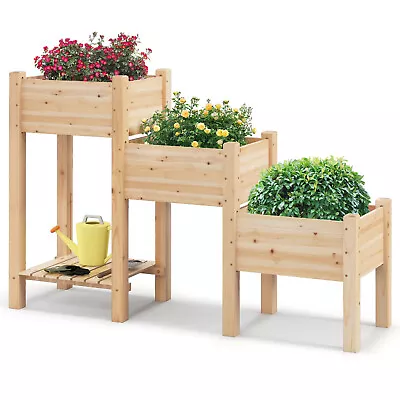 3-Tier Plant Container Wooden Raised Garden Bed W/ Drainage Holes Natural • $109.49