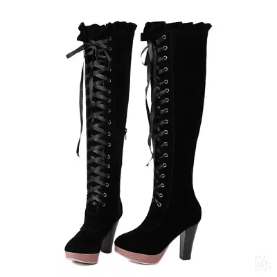 Women Goth Cosplay Lace Up Round Toe Block Heel Shoes Overknee High Boots Trendy • $73.13