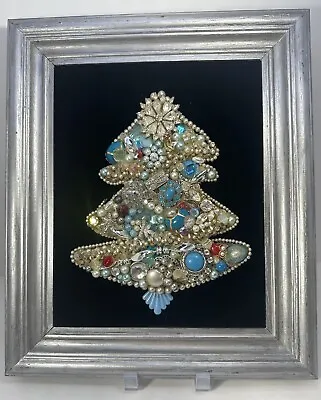 Vintage Jewelry Beads Baubles Art Christmas Tree On Velvet Framed Blue 11”x13” • $22