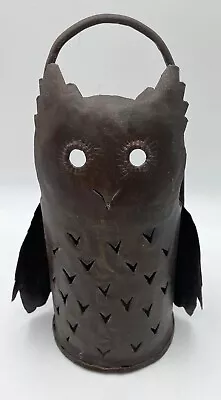 Rustic Artisan Sculpted Dark Brown Metal Hoot Owl Hole Punched Lantern W/Handle • $26