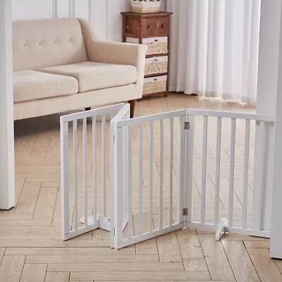 Folding Pet Gate Wooden Dog Cat Fence Child Safety Indoor Durable Free Standing • £30.95