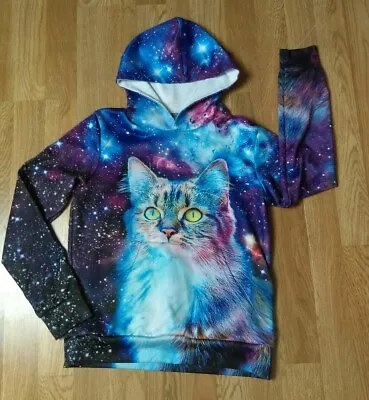 Vintage Cat Galaxy Front Pocket Hooded Girl's Pullover Stretchy Sweater Medium • £22.92