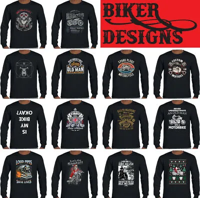 BIKER Long Sleeve T-SHIRT Motorbike Motorcycle Cafe Racer Chopper Bike Skull Top • £13.99