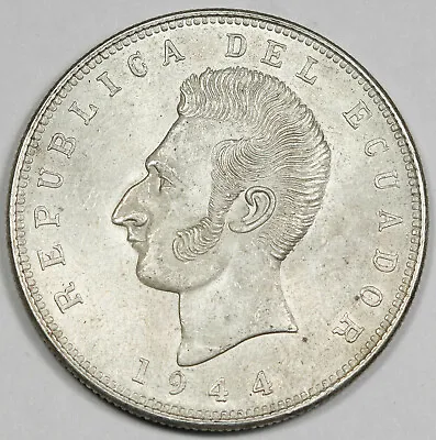 Ecuador 1944 Mo 5 Sucres 25 Gram Silver Coin KM# 79 GEM BU • $39.99