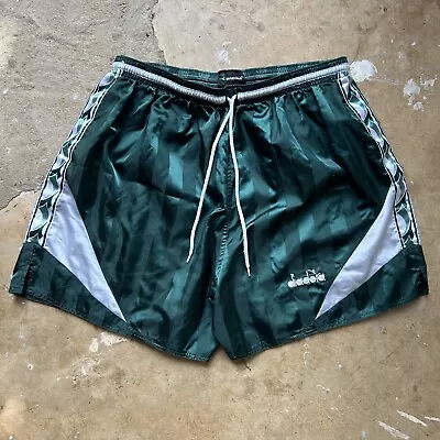 Vintage Diadora Striped Taped 5” Soccer Shorts Green Nylon Drawstring Men’s XL • $39.99