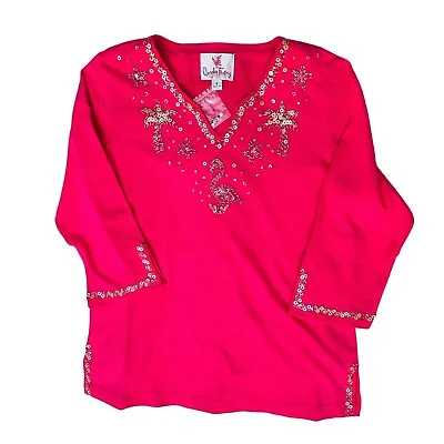 Quacker Factory Top Small Pink Pullover Blouse Flamingo Sequins Stars Knit NWOT • $19.98