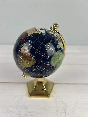 INLAID STONE Mini Desk Or Shelf World Globe On Brass Stand LAPIS BLUE Ocean 5.5” • $19.95