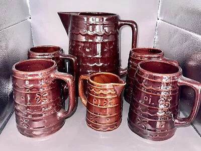 Marcrest Ovenproof Stoneware Pitcher 4 Mugs Creamer Brown Daisy & Dot • $38