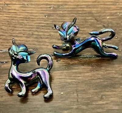 Adorable Vintage Estatepair Of Iridescent Black Cat Brooches Pins Jewelry • $11.99
