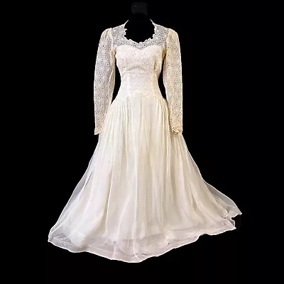 Wedding Dress Bridal Off White Vintage Hand Made Button Back Eyelet Lace • $129.99