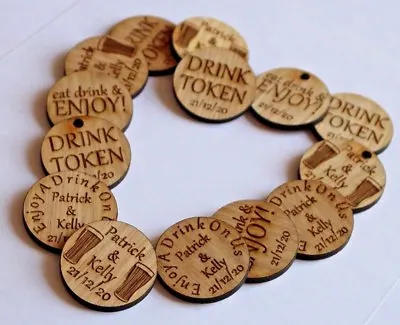 £6.99 • Buy Personalised Oak Drink Tokens Wedding Favours Circles Party Celebration Wooden