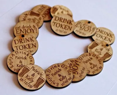 £64.99 • Buy Personalised Oak Drink Tokens Wedding Favours Circles Party Celebration Wooden