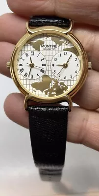 Montine Dual Time Zone Gold Tone  Quartz Watch W/ Black Leather Band - Read Desc • $40