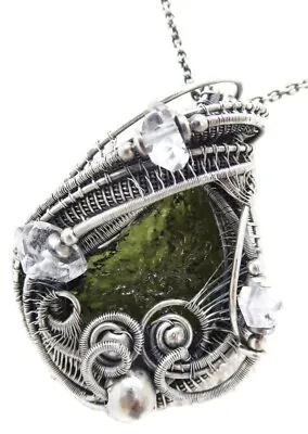 Moldavite Pendant In Sterling Silver With Herkimer Diamonds • $209.99