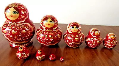 Vintage MATRYOSHKA  Set X 9  Russian Nesting Dolls Largest 11x9.5(d)cm Wood Vgc • £19.95
