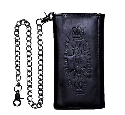 RFID Signal Blocking Biker Vintage Trucker Black Leather Long Trifold Chain • $29.74