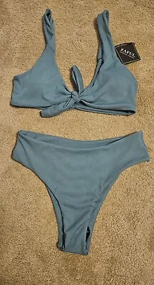 $13.99 • Buy Zaful Olive Green 2 Piece Ribbed Bikini Swimsuit Tie Front Size 6 Medium NWT