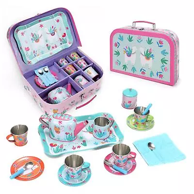 SOKA Kids Metal Tin Teapot Set With Carry Case Pretend Role Play Toy Tea Party • £14.99