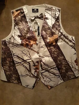 Mossy Oak Winter Brush White Camo Full Back Formal Eedding Vest Mens XL Bowtie • $15.99