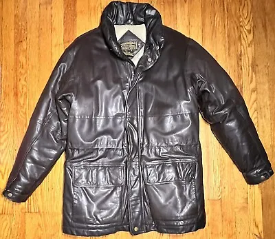 Eddie Bauer Leather Down Puffer Coat Men's Medium Lined Zip & Snap Vintage Nice! • $50