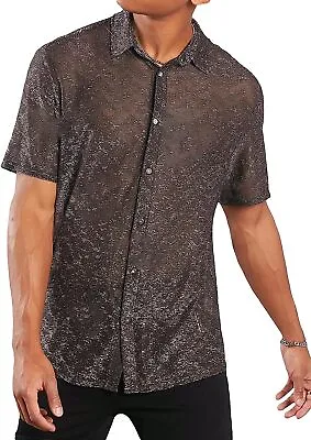WDIRARA Men's Contrast Glitter Button Front Shirt Stand Collar Shirt Short Sleev • $48.32