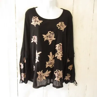 Style & Co Top L Large Black Floral Embroidered Long Sleeve Boho Peasant • £12.29