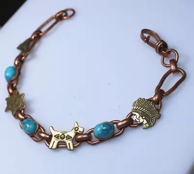 Southwestern Figural Link COPPER Signed Blue Stone Vintage Bracelet • $15
