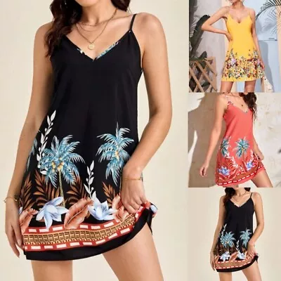 Womens Holiday Tank Floral Printed Dress Ladies Boho Maxi Sundress Beach Dress • £8.99