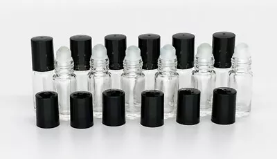 12 Bottles Clear 1/6 Oz 5 Ml GLASS Roll On Bottle With Black Cap & Roller New ! • $7.99