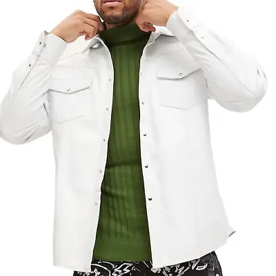 New Men's White Leather Shirt Genuine Soft Lambskin Motorcycle Motorbiker Shirt • $119.99