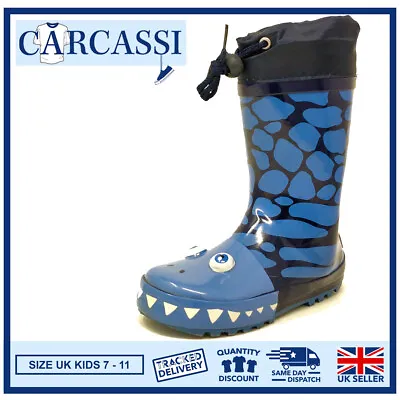 £10.99 • Buy Kids Monster Wellies Boys Childrens Blue Wellington Rain Snow Boots Size 7-11