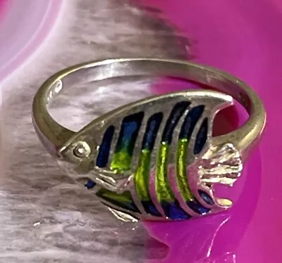 Vintage Signed KABANA Sterling Silver Blue Green Enamel Tropical Fish Ring Sz 8 • $54.99
