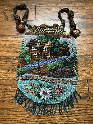 Antique Micro Bead Evening Purse Clutch With Scenic Country Scene • $175