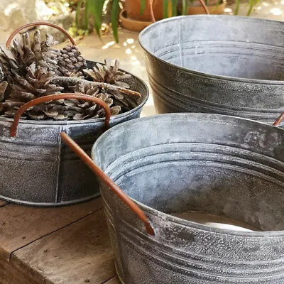 Round Zinc Planter Bowl W/ Handles Rustic Grey Metal Plant Pot Tub Garden • £10