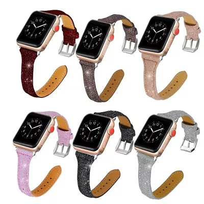 $8.50 • Buy Genuine Leather Shiny Band Strap Classic Watch Band For Apple Watch 7/SE/6/5/4/3