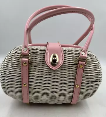 Vintage White Pink Wicker Woven Purse Handbag Made In Hong  Kong Cottagecore • $32.95