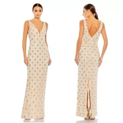NEW Mac Duggal Sleeveless Hand Beaded V-Neck Gown Long Dress Nude Silver Size 6 • $325