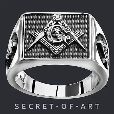 Masonic Ring For Freemason Masonry In Silver 925 Skull Square Compass Size 8-13 • $159.99