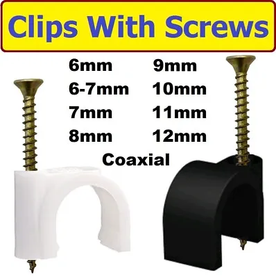 £3.96 • Buy Cable Clips With Screws Round 6mm 7mm 8mm 9mm 10mm 11mm 12mm White Black Coaxial
