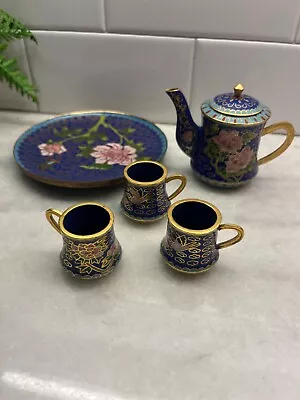 Cloisonne Chinese Teapot Tea Cup Brass Miniature Teaset Enamel 6 Pcs • $19.99