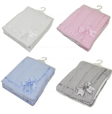 Baby Wrap Cheveron Cable Knit Bow Soft Sherpa Back Pram Blanket Soft Touch 7 Col • £16.95