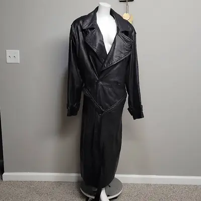 Pelle Studio Trench Coat Men Size 4XL Vintage 90s Black Leather Long Line HEAVY • $79.20