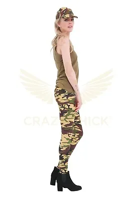 Camouflage Ladies Women Plain Cotton Leggings Top Hat Army Fancy Dress Set 8-22 • £5.40