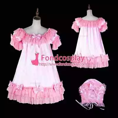 Sissy Maid Short Pink Satin Dress Headpiece Lockable Costume Tailor-made）#7 • $33.43