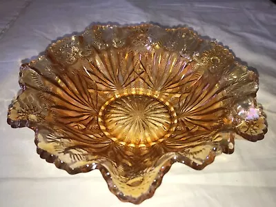 MILLERSBURG Glass MARIGOLD Iridescent CARNIVAL 9½  BOWL 3D RAYS RIBBONS & CACTUS • $50