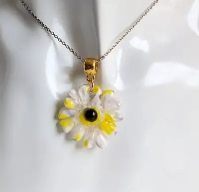 Flower Pendant Murano Glass Gift For Her Necklace Jewellery White Yellow • £12.55