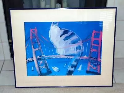 1987 MICHAEL LEU  Fuzzy On Golden Gate Bridge  Contemporary CAT Print Framed • $224.95