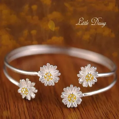 925 Silver Daisy Flowers Open Bracelet Bangle Women Wedding Charm Jewelry Gift • £4.24